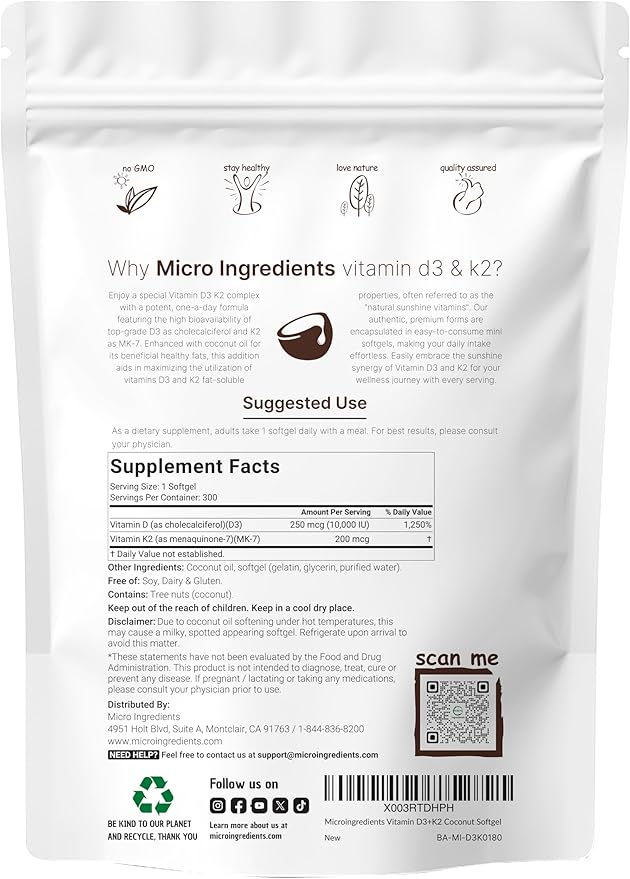 Vitamin D3 10000 iu Plus K2 (MK-7) 200 mcg, 300 Virgin Coconut Oil Softgels| 2 in 1 Vitamins D & K Complex | Supports Calcium Absorption, Bone, Immune, & Heart Health* – Easy to Swallow