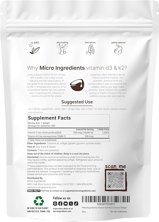Micro Ingredients Vitamin D3 10,000 IU + K2 MK-7 200 mcg, 600 Softgels with Virgin Coconut Oil (2 Pack) | 2-in-1 Vitamins D & K Complex | Extra Strength, Easy to Swallow, Non-GMO, Gluten Free