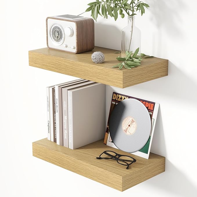 Heimlove 16 Inch Floating Shelves for Wall Oak Shelves Set of 2,Wall Mounted Rustic Wood 8 Inch Deep Floating Shelf with Invisible Brackets for Bedroom Kitchen Living Room
