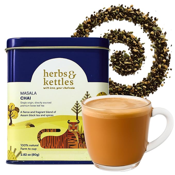 Herbs & Kettles Masala Chai | Authentic Indian Chai Tea with Assam Black Tea, Ginger, Cardamom, Cinnamon, Cloves & Black Pepper | Loose Leaf | Makes 16-20 Servings | Premium Gourmet Tea Gift