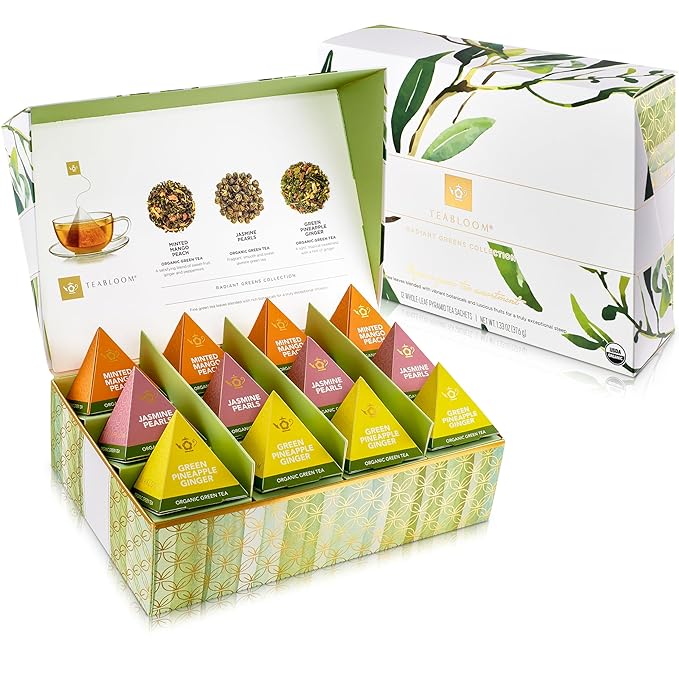 Teabloom Radiant Greens – Organic Green Tea Sampler with 12 Plant-Based Pyramid Sachets, Jasmine Pearls, Minted Mango Peach & Pineapple Ginger, Gift-Ready Presentation Box for Tea Lovers