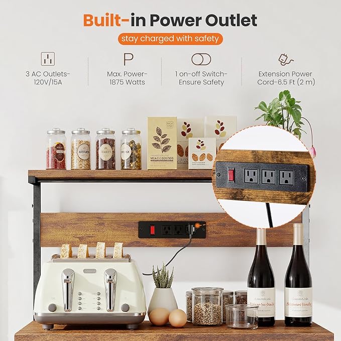 Sweetcrispy Kitchen Bakers Rack with Power Outlet, Coffee Bar Table 4 Tiers, Microwave Oven Stand Station, Adjustable Storage Shelf Freestanding Appliance Organizer - 24 Inch, Rustic Brown