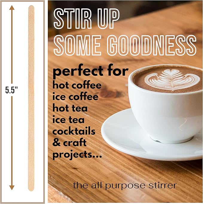 Pomp 5.5" Inch Wooden Coffee Stirrers (500 Pack) | Eco-Friendly & Biodegradable Birchwood Stir Sticks for Hot Drinks, Home, Office, and Breakroom Use