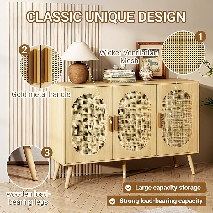 Storage Cabinet with Rattan Doors, Modern Farmhouse Coffee Bar Cabinet, Sideboard Buffet for Living Room, Entryway, Dining Room and Kitchen, Natural (Style Two)