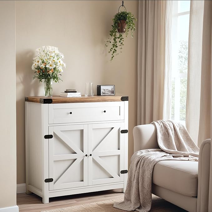 YESHOMY Coffee Bar and Accent Cabinet, Farmhouse Barn Door Buffet Sideboard with Drawer and Adjustable Shelf, Wide Desktop for Kitchen, Dining Room, Bathroom, Entryway, Rustic Brown & White