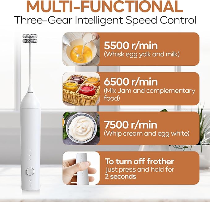 Handheld Milk Frother Wand Rechargeable with Stand - Double Whisk Milk Frother Handheld -3 Speed Levels- Coffee Stirrers Electric Drink Mixer - Coffee Frother Handheld