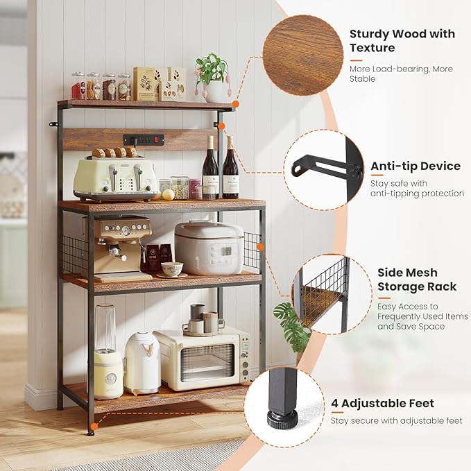 Sweetcrispy Kitchen Bakers Rack with Power Outlet, Coffee Bar Table 4 Tiers, Microwave Oven Stand Station, Adjustable Storage Shelf Freestanding Appliance Organizer - 23.6 Inch, Rustic Brown
