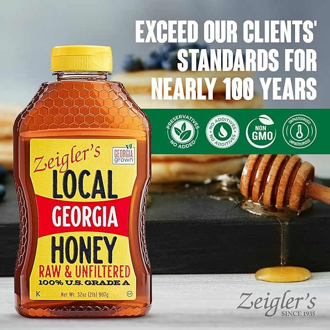 Zeigler's Local Georgia Award Winning Honey – All Natural, Pure, Raw, & Unfiltered Georgia Honey, 32 oz Squeeze Bottle – For Tea, Yogurt, Parfaits, Toast, and Cornbread