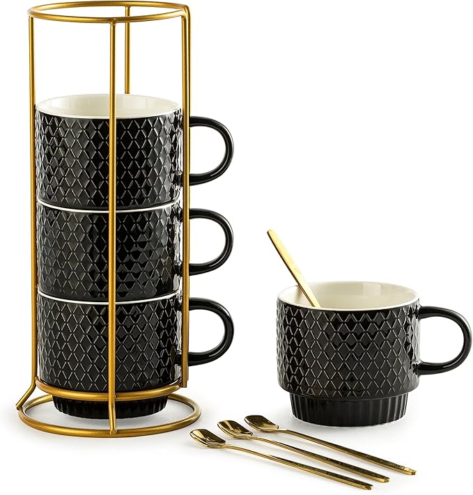 Gomakren Coffee Mugs Set of 4, 13 Ounce Stackable Coffee Mug Set with Stand, Christmas Stoneware Coffee Cup with Spoon for Coffee, Milk, Tea, Cocoa, Black