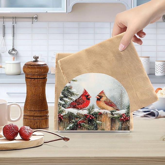 Winter Red Birds Napkin Holder for Table Paper Cocktail Napkin Holders for Kitchen Dinning Acrylic Dinner Napkin Dispenser for Dinner Home Decor Bar 2 Pack