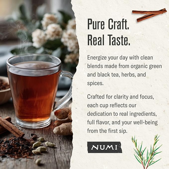 Numi Organic Rooibos Chai Tea, 18 Herbal Bags, Microplastic Free, Rich Flavor with Cinnamon, Allspice & Ginger, Caffeine Free