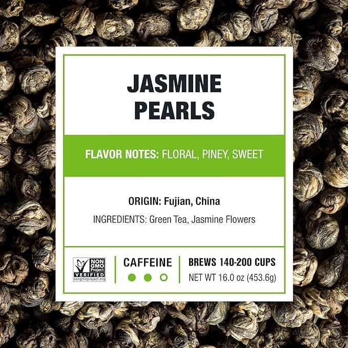 Tiesta Tea - Jasmine Pearls Green Tea, Loose Leaf, Single Origin Premium Jasmine from China, Pure Unblended Medium-Caffeinated Blend, Makes Hot or Iced & Up to 200 Cups, 16oz Resealable Bulk Pouch
