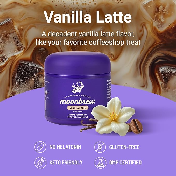 MoonBrew Nighttime Magnesium Vanilla Latte Mix, Natural Sleep Aid Drink Mix for Adults - Calming Melatonin-Free Sleep Support Powder with Magnesium Glycinate, L-Theanine, Chamomile & Zinc