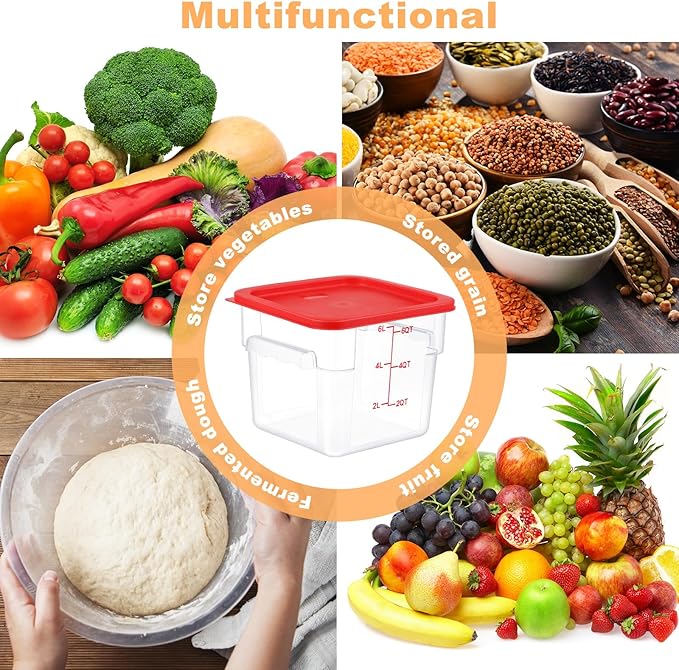 10 Sets 6 Qt Square Food Storage Containers with Lids Commercial Polycarbonate Containers Dough Proofing with Scale Clear Airtight Cereal for Pantry Home Restaurant