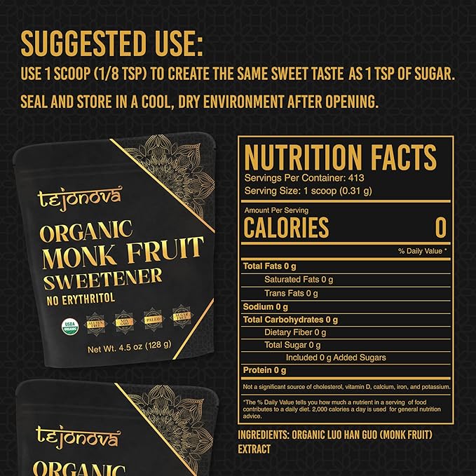 Organic Monk Fruit Powder, Pure Monk Fruit Sweetener No Erythritol, Monkfruit Sweetener Pure Goodness, Monk Fruit Sugar Susbtitute, Monk Fruit Extract Powder, 4.5oz 413 servings, by tejonova