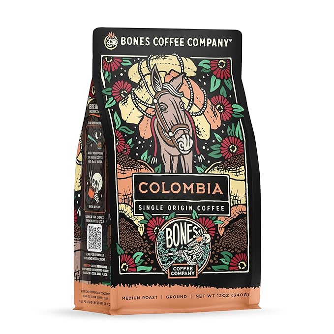 Bones Coffee Company Colombia Single-Origin Coffee, Almonds, Dried Fruit, Vanilla Notes, Flavored Ground Coffee, Medium Roast Low Acid Arabica Beans for Coffee Maker, 12 oz Ground