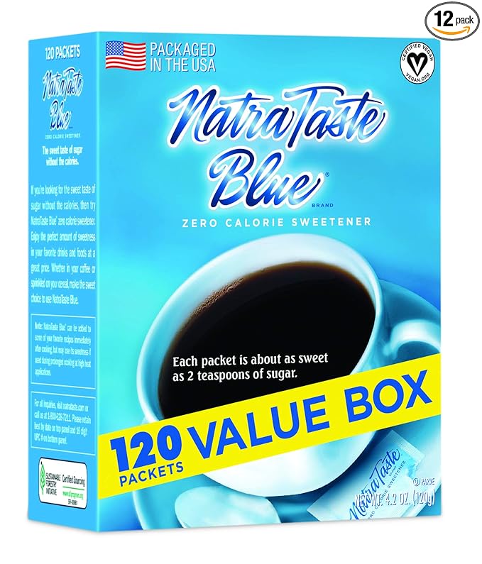 NatraTaste Blue Zero Calorie Sweetener, Bulk Sugar Substitute for Coffee, Iced Tea, Lemonade, Hot & Cold Drinks, Baking, Cooking, Low Carb, Vegan, Sugar Alternative, 120 Packets Value Box (12 pack)