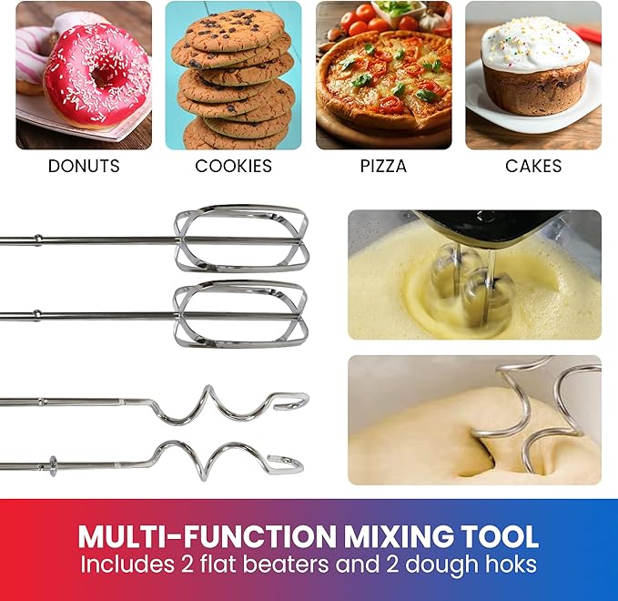 Total Chef Electric Hand Mixer – 6 Speed Handheld Blender, Electric Egg Beater with Whisk, Beater, Dough Hooks, Storage Case, Turbo Boost for Cake Mix, Batidora de Mano Eléctrica