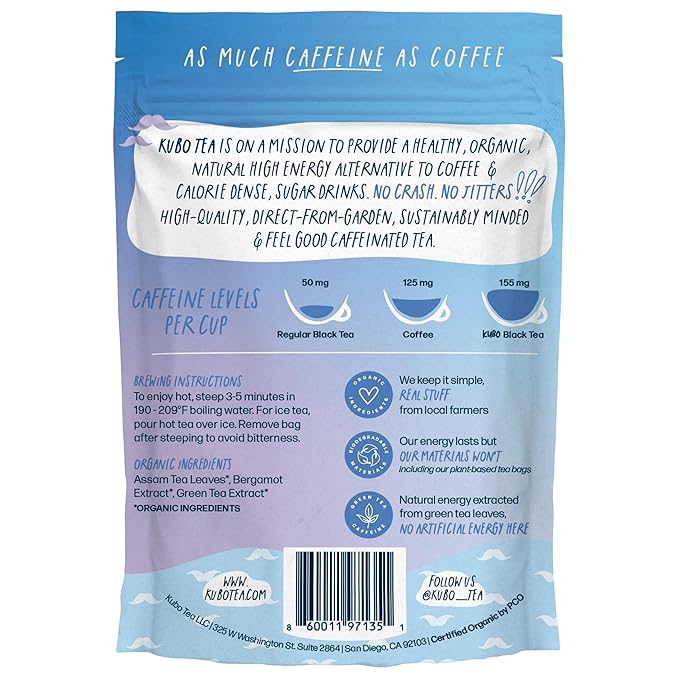 High Caffeine Tea (155 mg) - Kubo Tea: Organic Earl Grey Black Tea Bags for Clean Energy & Focus | Healthy Coffee Substitute | Bergamot Caffeine Blend | 20 Ct | Compostable Packaging