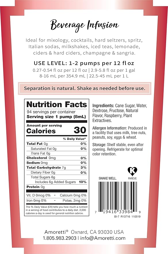 Amoretti - Raspberry Beverage Infusion, 94 Servings Per Bottle (750 ml) - Drink Mix & Water Enhancer with Pump for Flavoring Cocktails, Waters, Teas, and other Beverages, Preservative Free