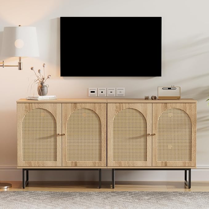 Storage Cabinet with 2 Arched Rattan Doors, Natural Style Rattan Sideboard Buffet Cabinet with Storage, Boho Entryway Table for Living/Dining Room, Kitchen, Hallway