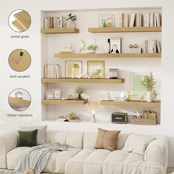 30 Inch Floating Shelves, 12" Deep Floating Shelf Wall Mounted, 30" Wall Shelves, Rustic Deep Bookshelf, Extra Deeper & Thicker Display Shelves for Bedroom, Living Room, Oak, Set of 2