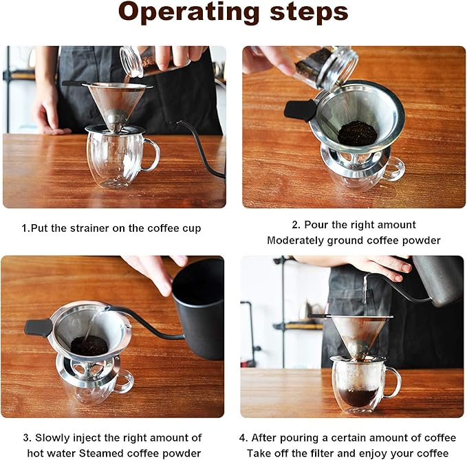 Pour Over Coffee Dripper Filter, 1-4 Cups Double Mesh Paperless Manual Reusable Permanent Coffee Cone Stainless Steel