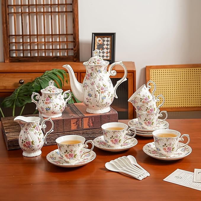 Tea Set 21-Piece Ceramic tea cups and saucers set of 6 with Sugar and Creamer Set,Teapot,teapot set for Adults, Women Tea Party (small crushed flower)