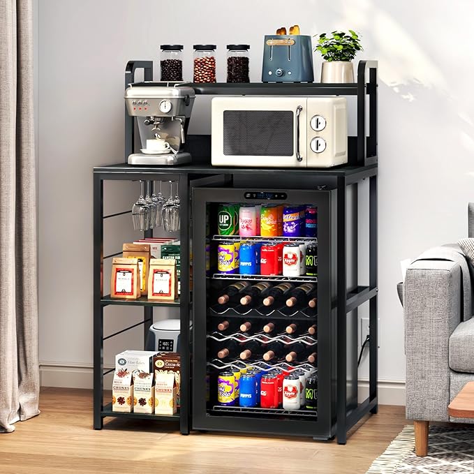 TC-HOMENY Mini Fridge Stand with Storage, 4-Tier Coffee Bar with Mini Fridge Space, Bakers Rack with Outlet, Mini Fridge and Microwave Stand, Mini fridge shelf for Kitchen, Dorm, Office, Black
