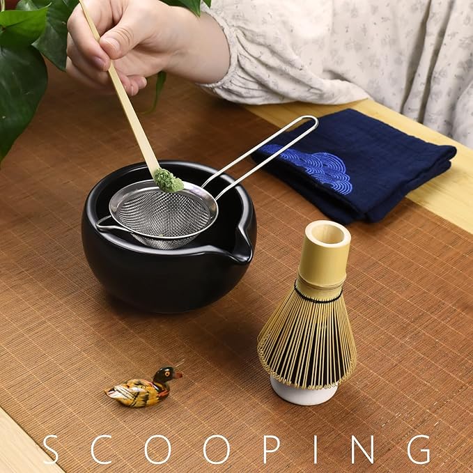 Artcome 7 Pcs Complete Matcha Ceremony Kit for Tea Ceremony, Bowl with Pouring Spout, Whisk, Tea Scoop, Matcha Powder Strainer, Matchatools For Making Usucha, Koicha and Matcha Latte (Black)