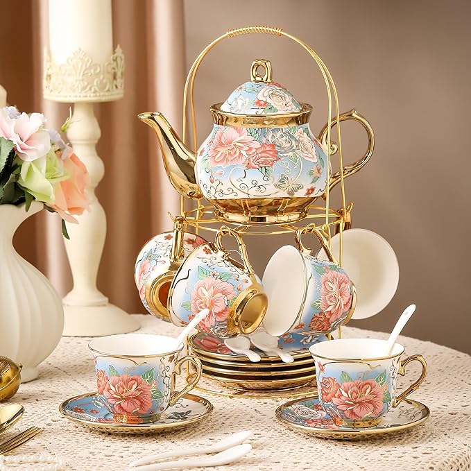 20 Pieces Porcelain Tea Set With Metal Holder, European Ceramic tea set for adults,Flower Tea Set,Tea Set For Women With Flower Painting (VIVID BLUE, Largr Vision)