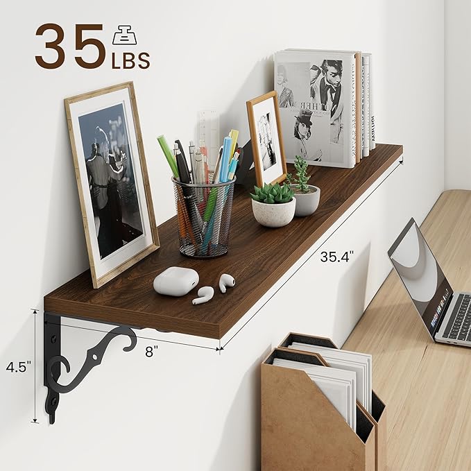 RICHFOCUS Floating Shelves for Wall Decor, 35.4W x 8D Shelves Set of 2, 8 Inch Deep Rustic Wood Shelves Wall Mounted with Brackets, Long Floating Shelves for Living Room Bedroom Kitchen, Walnut