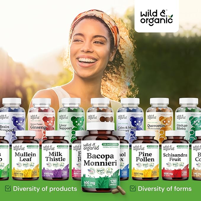 Wild & Organic Bacopa Monnieri Capsules 600 mg - Brain Support - Natural Bacopa Supplements - Brahmi Capsules - 120 Days of Supply - Vegan, No Fillers, Non-GMO - 120 Count