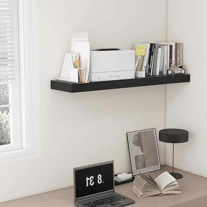 48 Inch Black Floating Shelf | 12 Inch Deep Floating Shelves Set of 1 | 48" D x 12" D Rustic Wood Shelves for Wall | Deep Black Shelves for Living Room Bathroom Laundry Room Kitchen