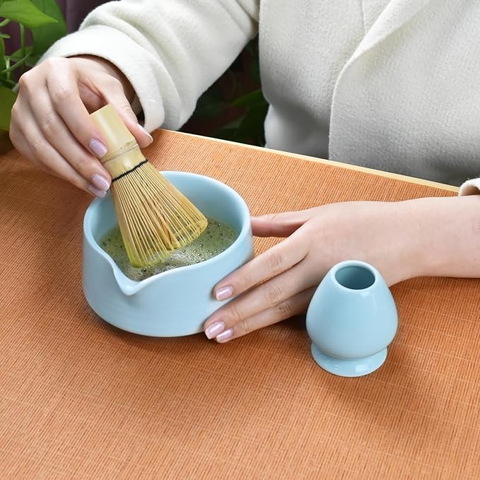 Artcome Matcha Tool Set - Complete Kit with Matcha Bowl with Spout, Bamboo Whisk, Tea Scoop, Whisk Holder, Scoop Holder, Tea Cloth & Powder Strainer, Celadon Blue