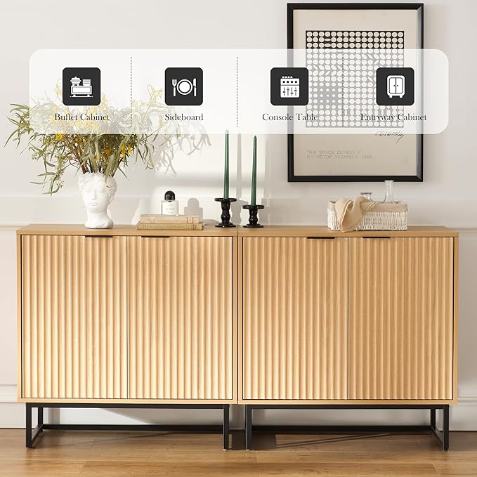 Fluted Storage Cabinet,Sideboard Buffet Cabinet with Adjustable Shelves,Multifunctional Console Table with Storage Credenza Accent Cabinet for Living Room, Dining Room, Hallway, Natural Oak