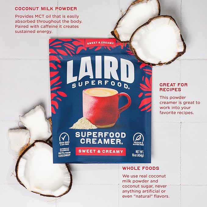 Laird Superfood Non-Dairy Superfood Creamer - Coconut Powder Coffee Creamer - Sweet & Creamy - Gluten Free, Non-GMO, Vegan - 16 oz. Bag, Pack of 1