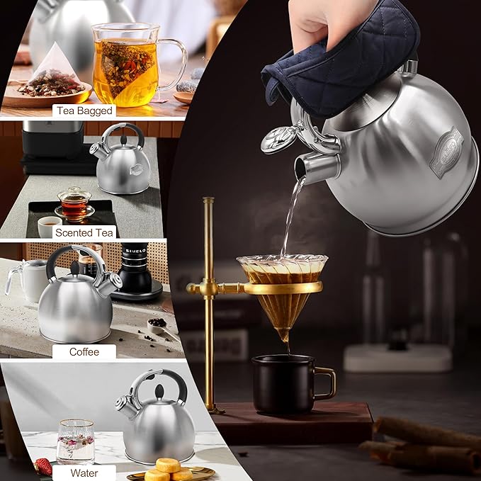 Stainless Steel Tea Kettle, Tea Kettles Stovetop, Vintage Whistling Teapot for Stove, Durable and Rust-Resistant, with a Pot Holder Included, Whistling Tea Kettle 2.64 Quart (Brushed)