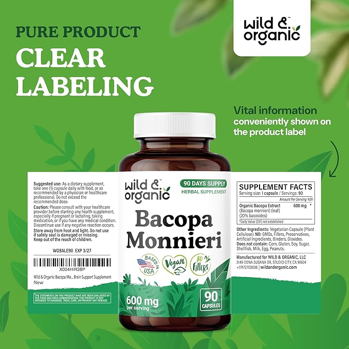 Wild & Organic Bacopa Capsules 600 mg - Brain Support - Natural Bacopa Monnieri Supplement - Brahmi Capsules - 90 Days of Supply - Vegan, No Fillers, Non-GMO - 90 Count