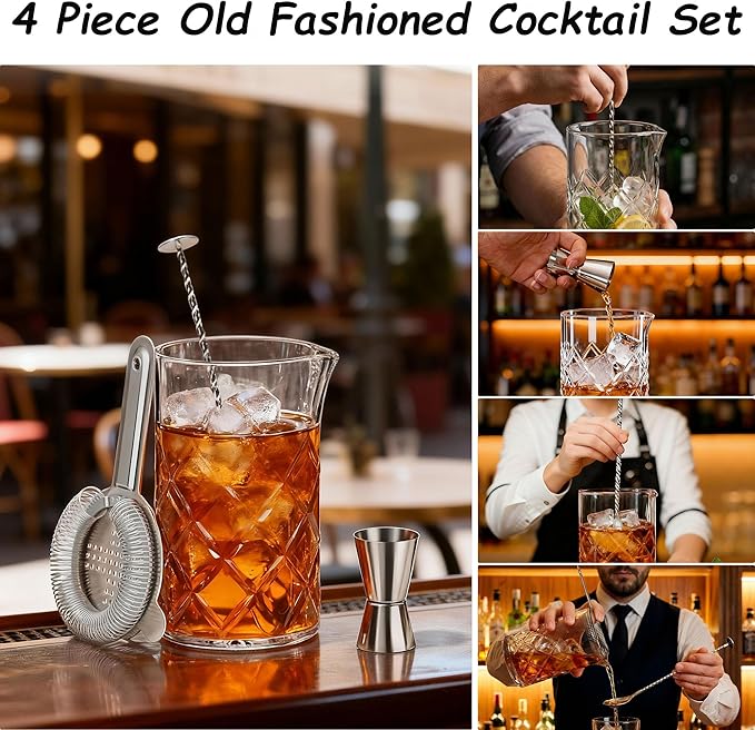Professional 24 Oz Cocktail Mixing Glass Set - Thick Bottom Crystal Clear Bar Tools with Strainer, Jigger (15/30ml), Spoon & Recipe Guide