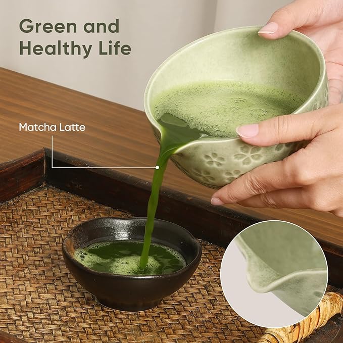 Matcha Whisk Set - Traditional Bamboo Chasen with Bowl, Complete Matcha Tea Making Kit & Starter Tools for Authentic Japanese Ceremony (Mottled Green01, 8pcs/set,Bowl entry-level Set)