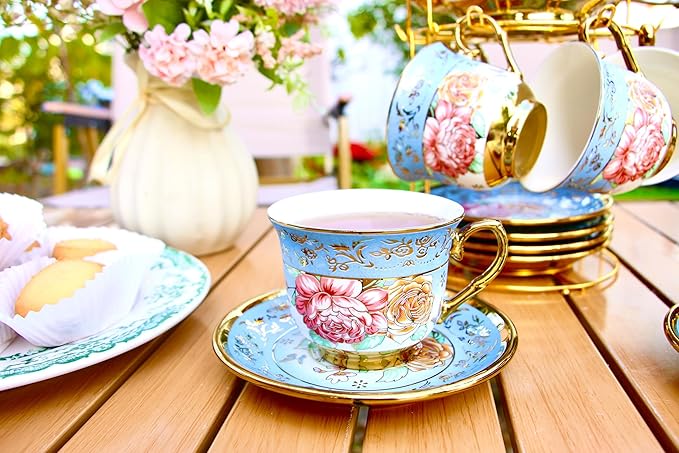 20 Pieces Porcelain Tea Set With Metal Holder, European Ceramic tea set for adults,Flower Tea Set,Tea Set For Women With Flower Painting