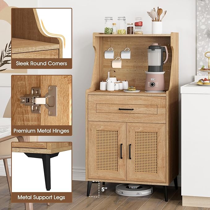 LOKO 45.5” Kitchen Pantry Cabinet, Coffee Bar Cabinet with DIY Pegboard, Rattan Buffet Sideboard with Storage Drawer & Adjustable Shelf, Mid Century Modern Hutch Cabinet for Living Room, Oak (1)
