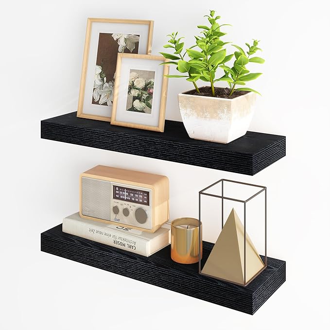Fun Memories Floating Shelves for Wall, 24Inch Floating Shelves Set of 2, Hanging Shelf with Invisible Brackets, Wood Shelves for Living Room, Bedroom, Kitchen, Black