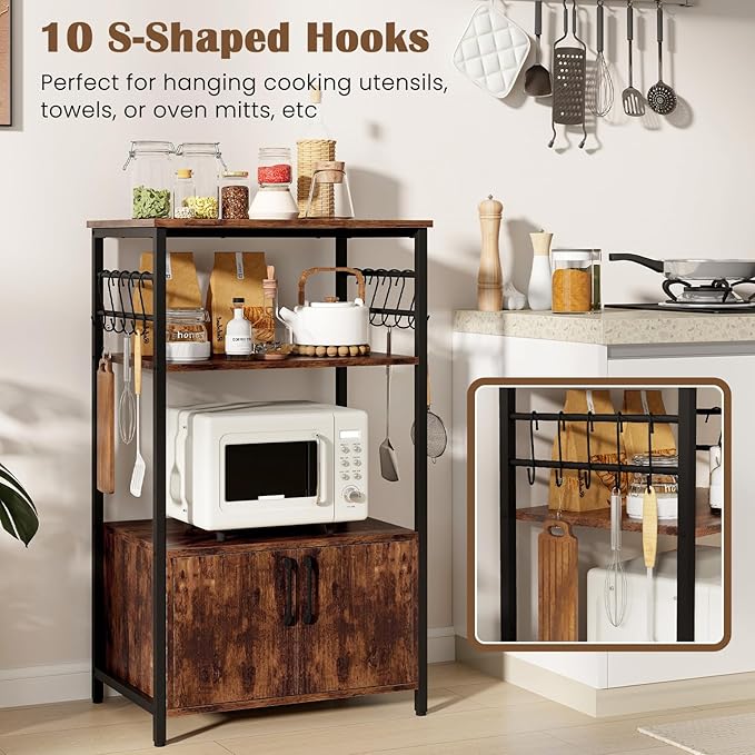 GOFLAME Kitchen Baker's Rack with Cabinet, 3-Tier Pantry Cabinet with 2 Open Shelves, 10 S-Shaped Hooks, Industrial Microwave Oven Stand with Metal Frame, Bookshelf Rack for Living Room, Brown