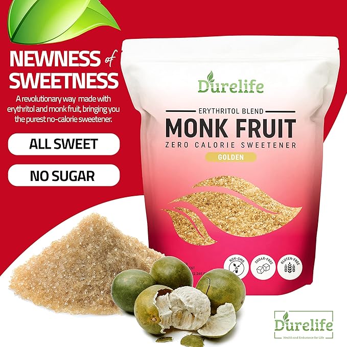 Durelife Golden Monk Fruit Sweetener, 1:1 Sugar Replacement, Keto Diet Friendly, Zero Calorie, Kosher Sugar Substitute, Golden - 3 lb (Packaging May Vary)