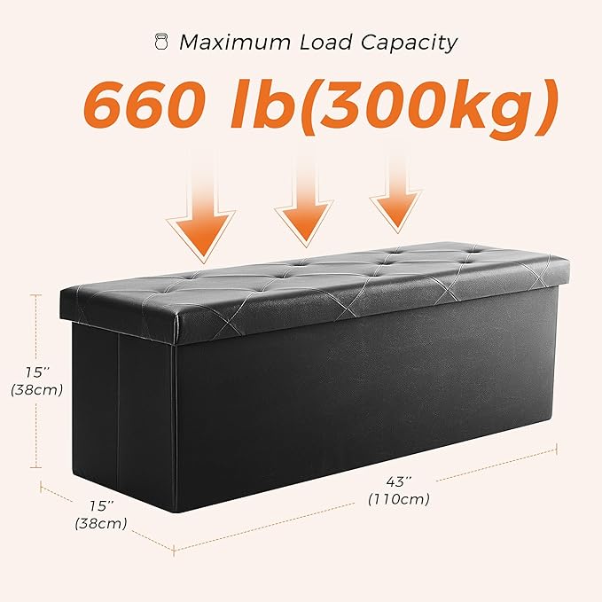 DUMOS 43 Inches Foldable Storage Ottoman Bench, Foot Rest Stool, Synthetic Leather Storage Chest with Thicker Foam Padded Seat for Entryway Living Room, Modern Black