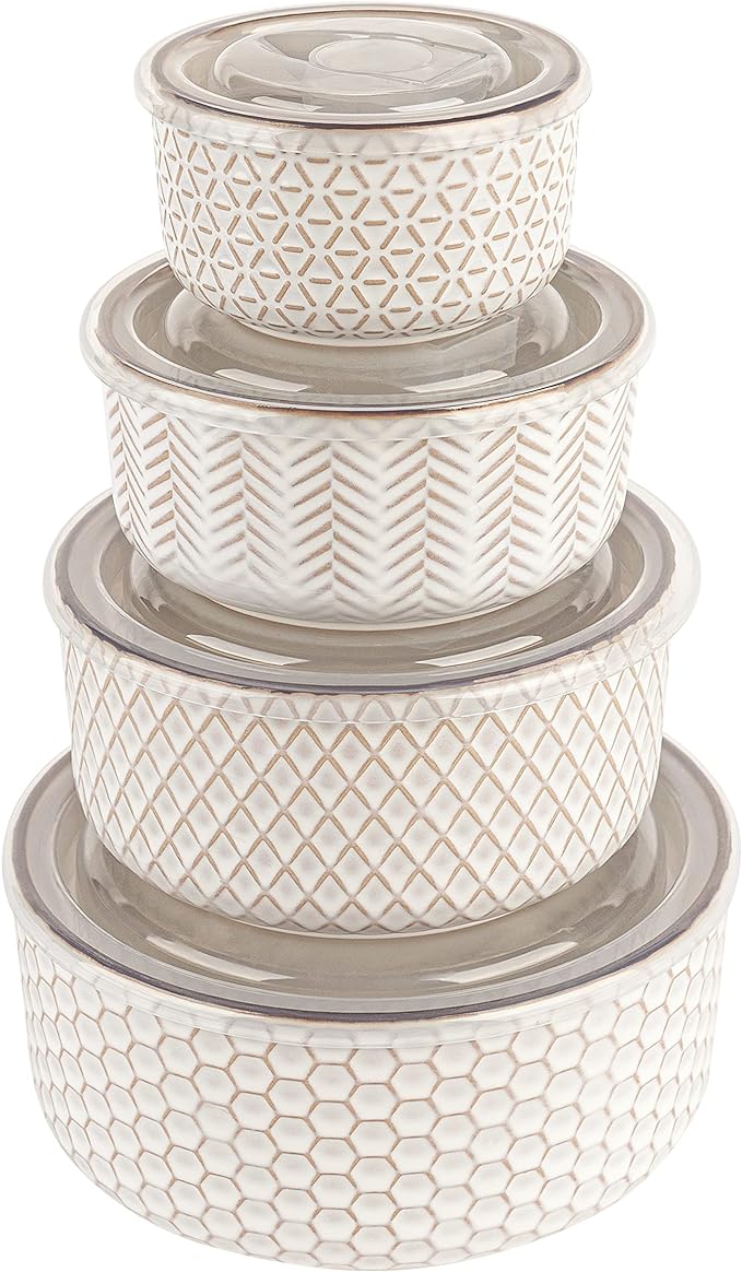 KooK Mixing Bowls, with Lids, Ceramic Nesting Bowls. Space Saving, Set of 4, Embossed, Kitchen, Prep, Stackable, Mix, Gift, Microwave and Dishwasher Safe, 10/16/29/47 oz, Narbonne Collection (Ivory)