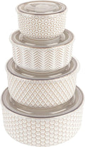 KooK Mixing Bowls, with Lids, Ceramic Nesting Bowls. Space Saving, Set of 4, Embossed, Kitchen, Prep, Stackable, Mix, Gift, Microwave and Dishwasher Safe, 10/16/29/47 oz, Narbonne Collection (Ivory)