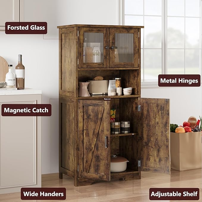 Storage Cabinets, 54 Inch Tall Hutch Bar Cabinet with Glass Doors and Adjustable Shelves, Wooden Kitchen Pantry Storage Cabinet, for Living Room,Rustic Brown